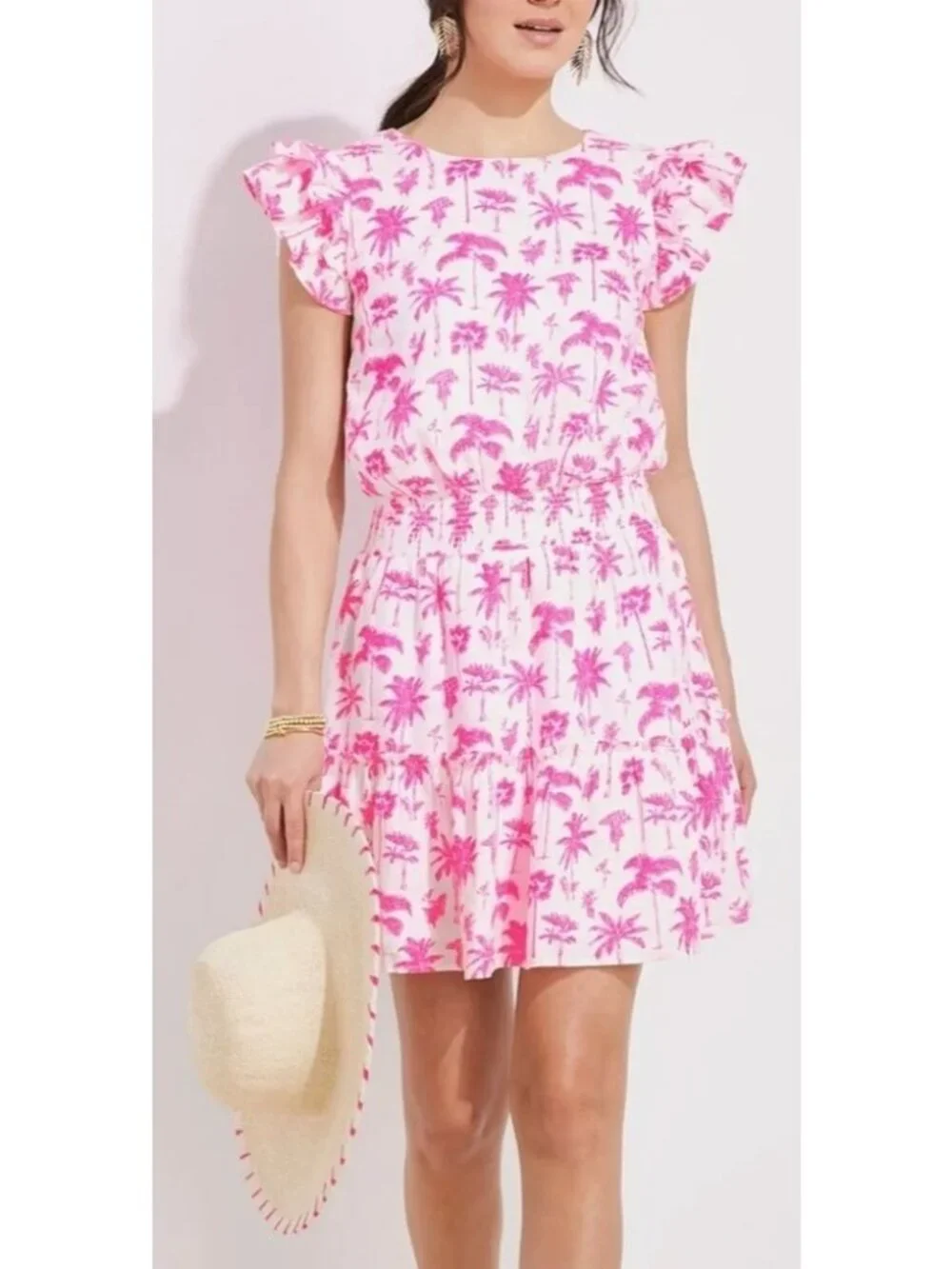 Vineyard Vines Women's M Linen Pink Palm Mini Dress Smocked Ruffle Tropical Res - Picture 1 of 11